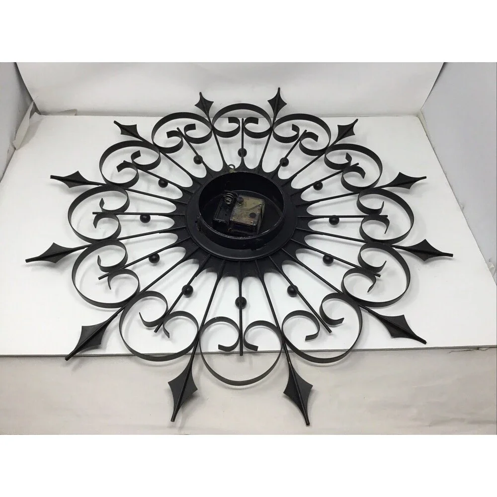 Elgin Mid Century Modern Black Wrought Iron Vintage Starburst Clock (working)
